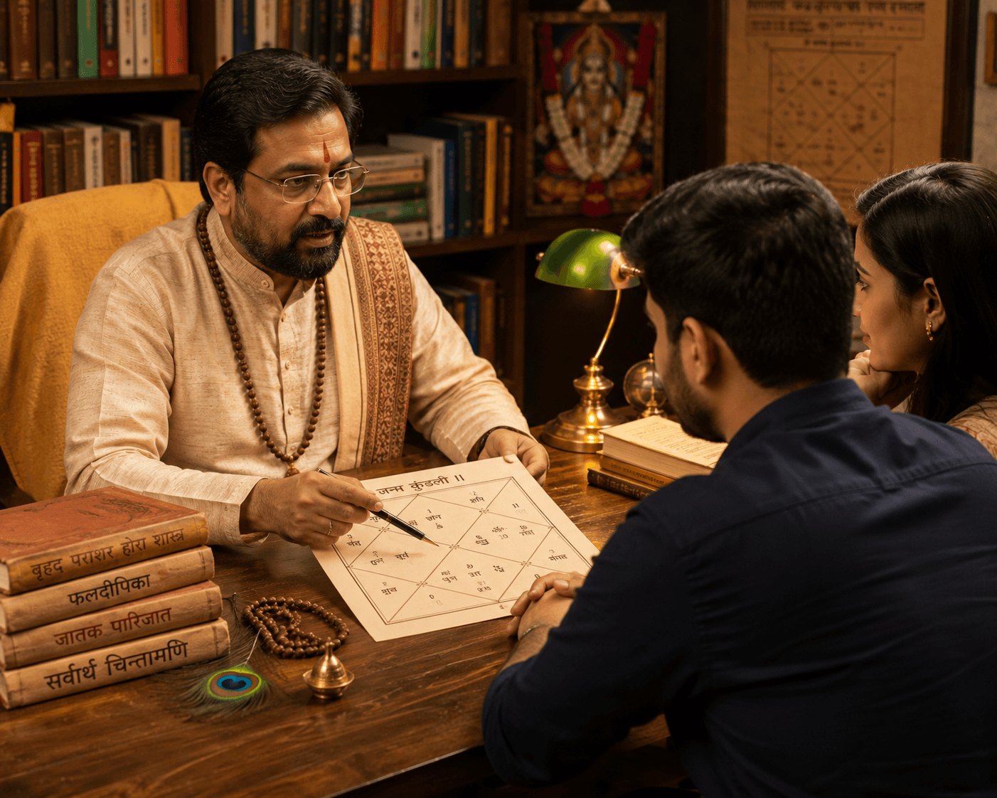 Vedic astrologer explaining a Janam Kundli during a personal consultation