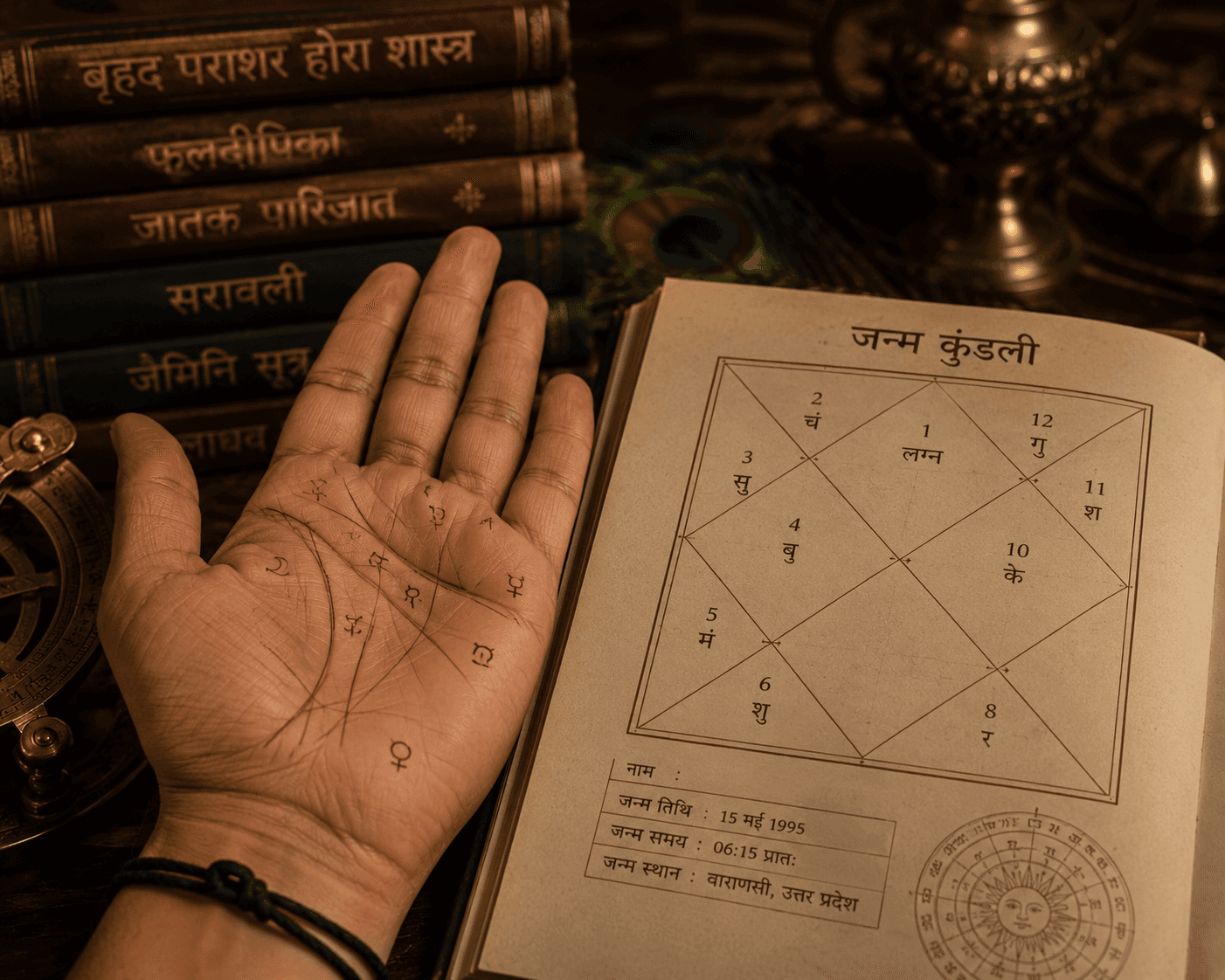 Janam Kundli manuscript with classical Vedic astrology texts