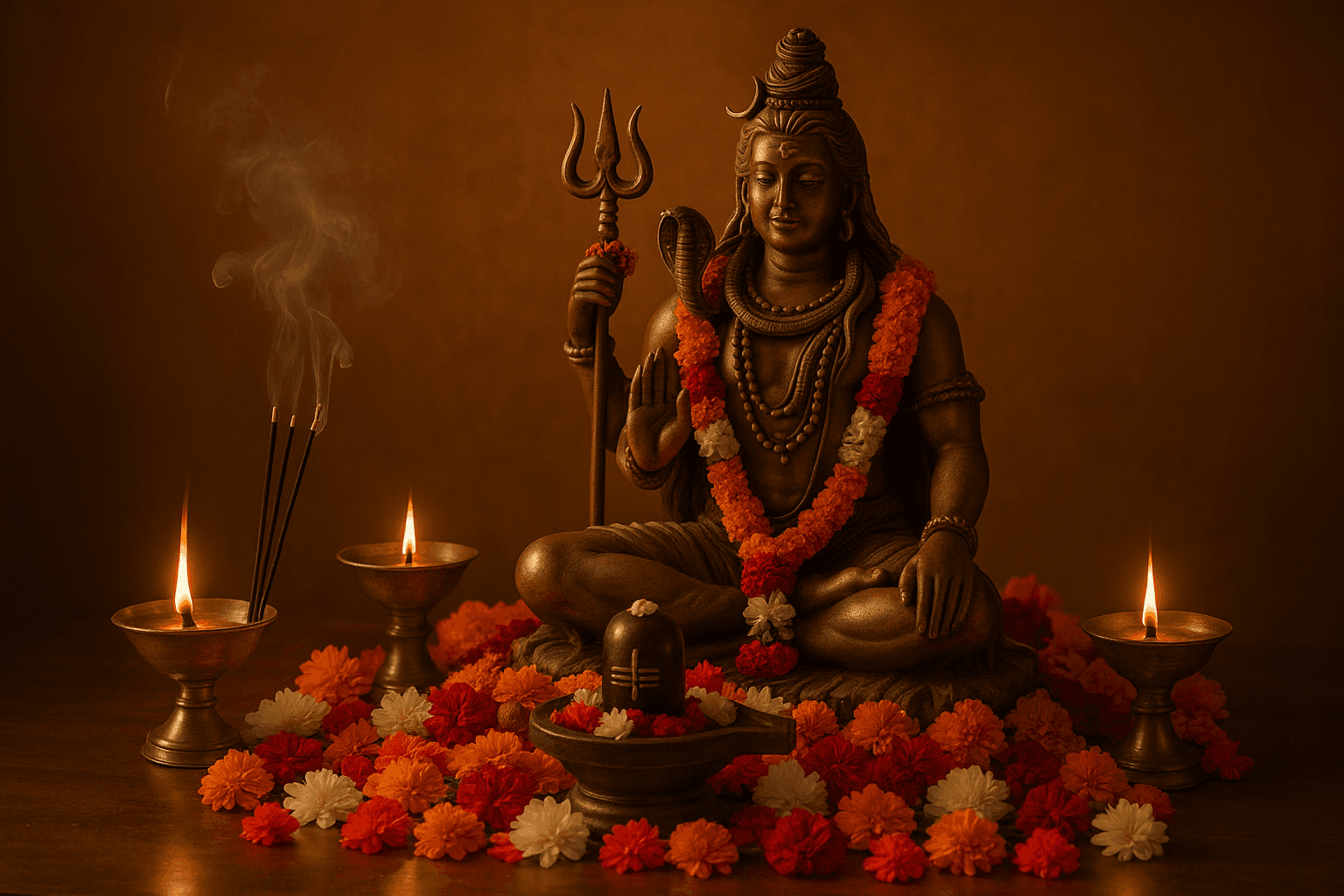 Traditional Hindu altar for Kalasarpa Dosha Puja with Shiva statue and flowers, evoking a sacred atmosphere.